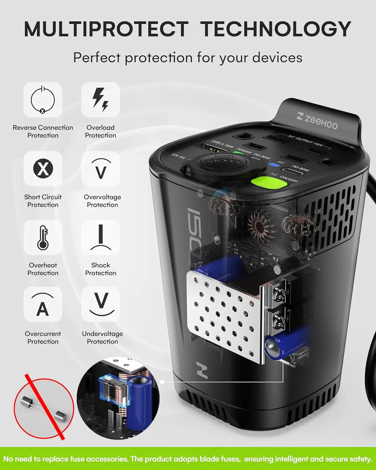 High-concerned Chemical Inverter 150W Car 12V To 110V AC 2 AC Outlets USB PD