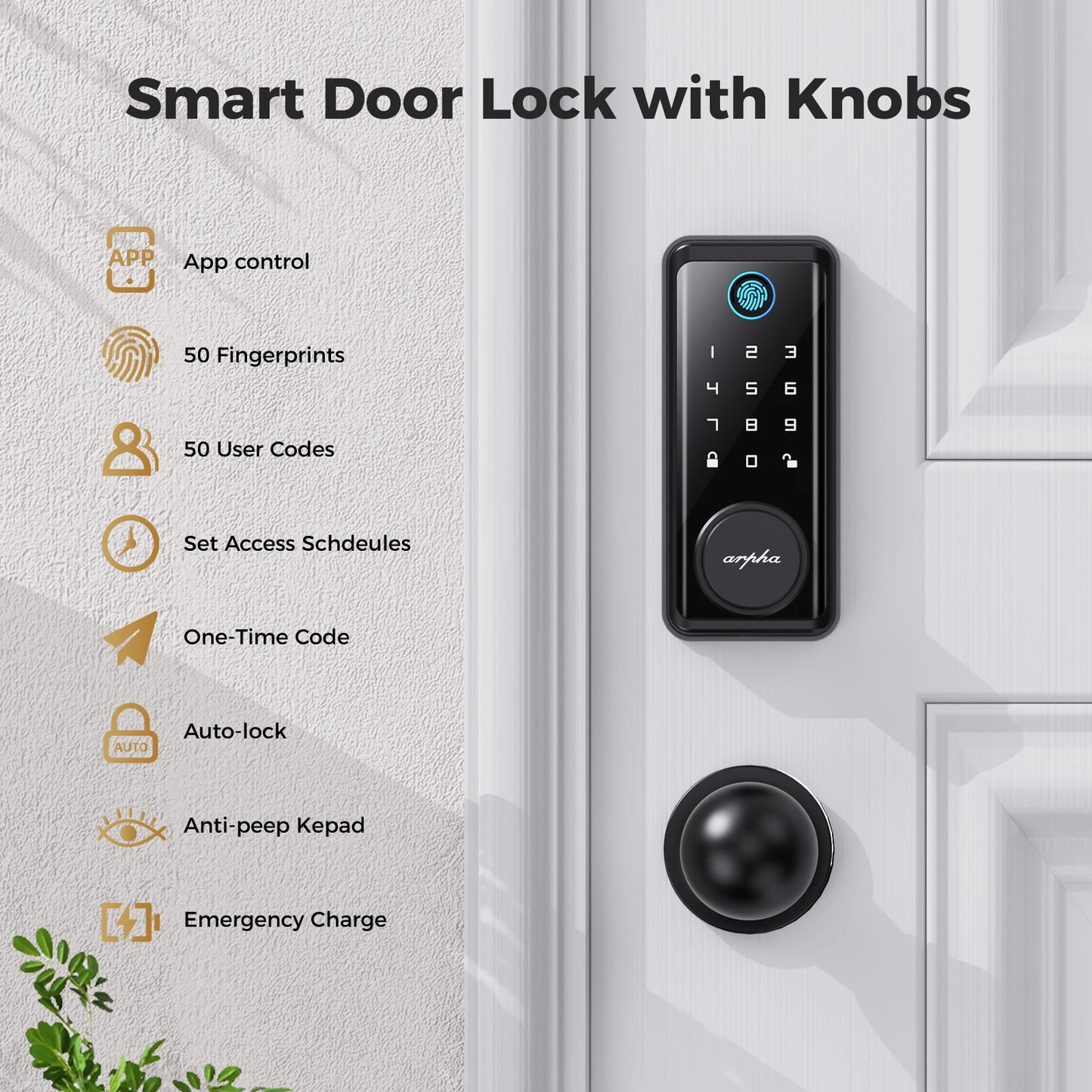 Arpha Smart Lock D601K Keyless Entry Door Lock Deadbolt with Handle Set Waterproof 5-in-1 Fingerprint Keyless Entry Door Lock