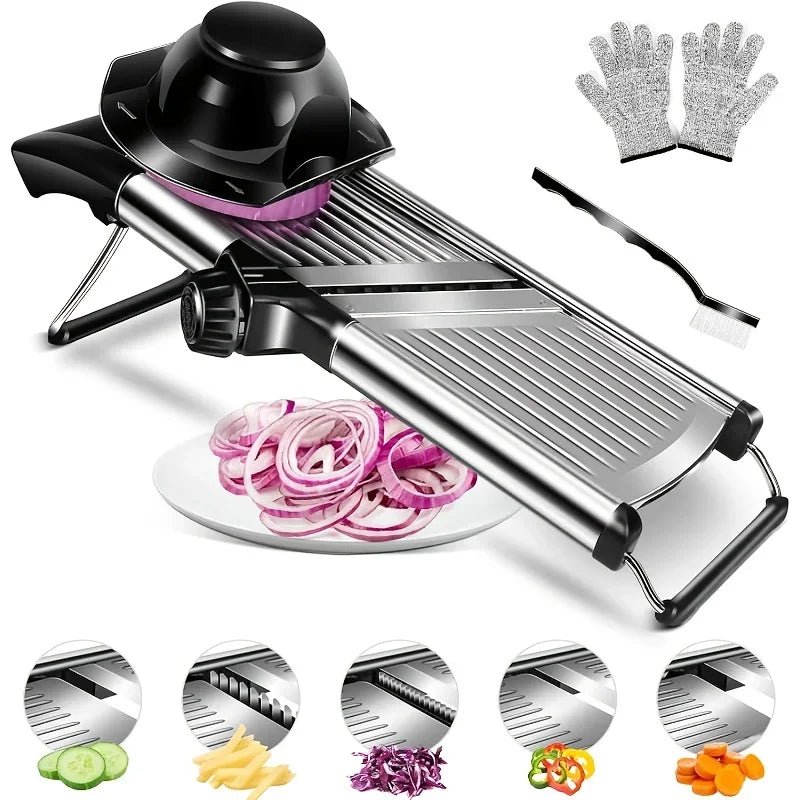 Stainless Steel Mandoline Slicer with 5 Interchangeable Blades and Safety Holder,Adjustable Vegetable & Fruit Cutter for Kitchen