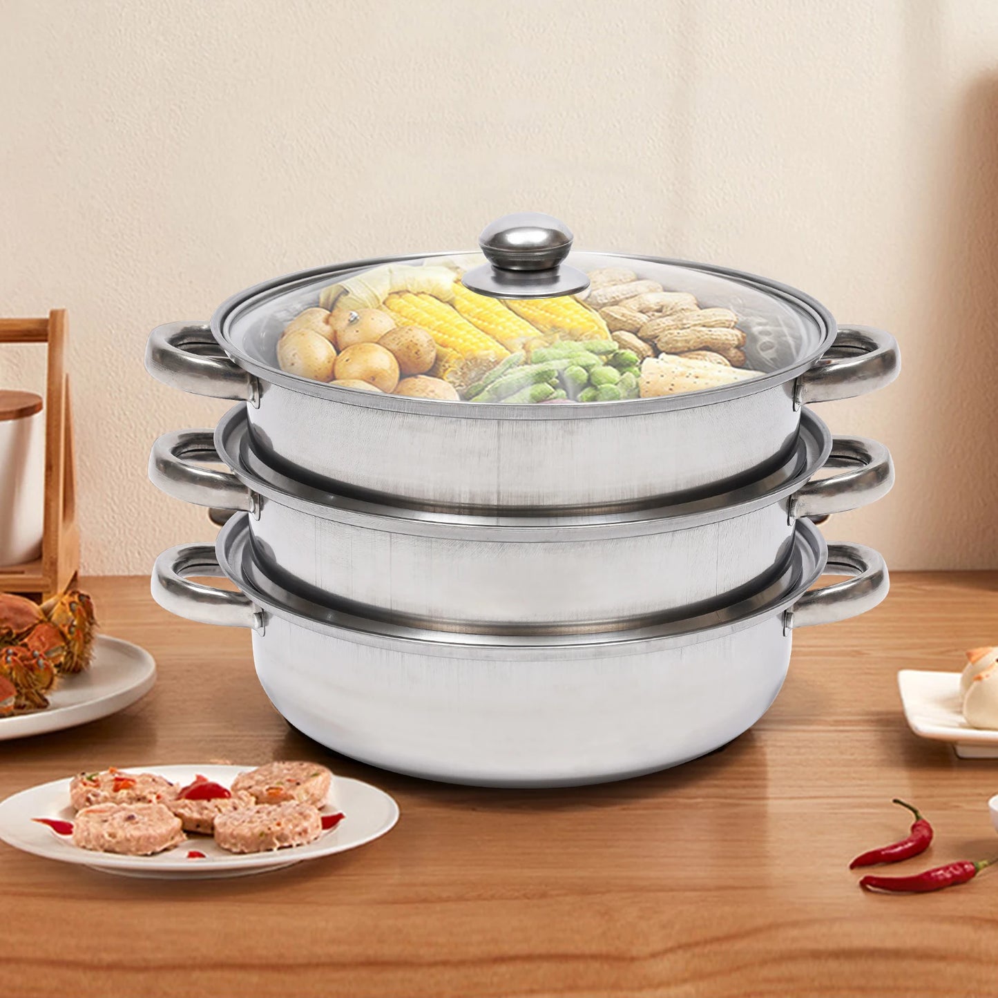 28CM Multi-Function 3 Tier Cook Food Veg Pot Large Stainless Steel Steam Cooker Steamer Kitchen