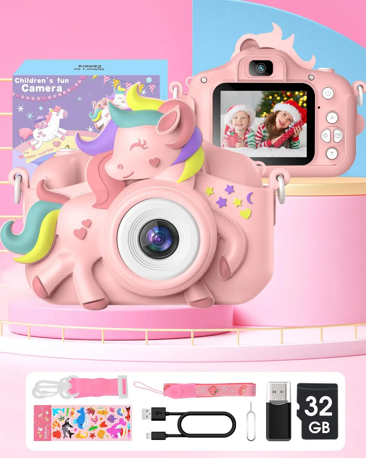 2.0" Kid's Camera 20MP 1080P HD Toddle Selfie Camera Cute Cartoon Digital Cmaera Toy With 32GB Card Gift For Girls & Boys