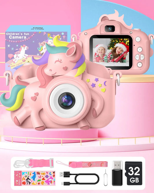 2.0" Kid's Camera 20MP 1080P HD Toddle Selfie Camera Cute Cartoon Digital Cmaera Toy With 32GB Card Gift For Girls & Boys