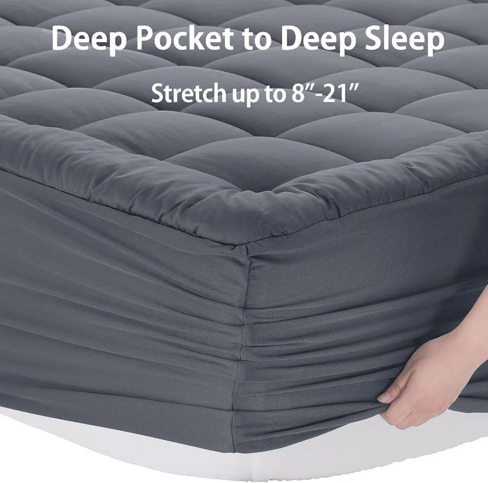 Memory Sponge Mattress Pad - Extra Large, Super Comfortable, Breathable & Soft, Ultra Fine Fiber, Noise Free, 8-21 Inch Deep Poc