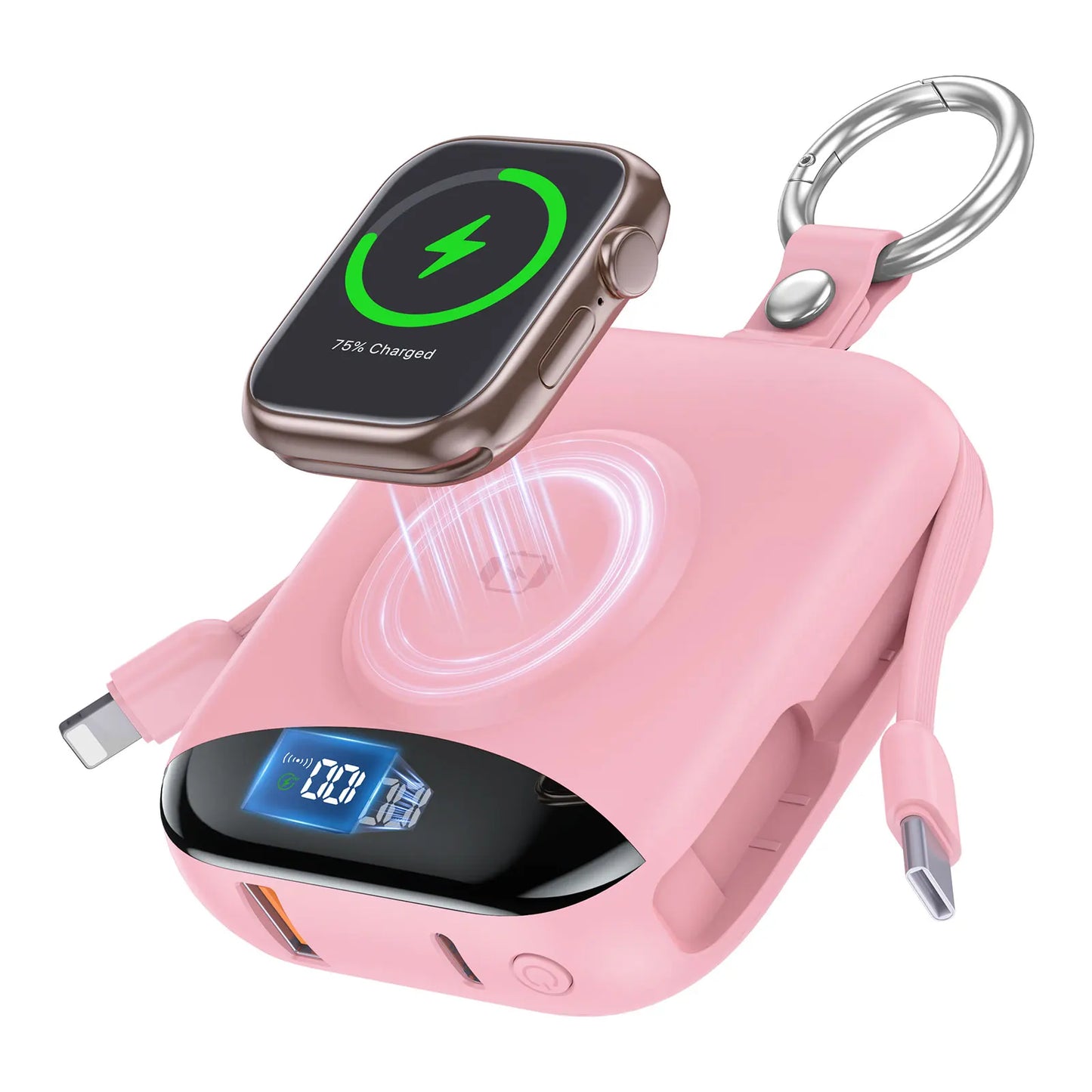 10000mAh 22.5W Fast Charging Power Bank with Built-in Cables, 4-in-1 Portable Charger with LED Display & Keychain for iWatch