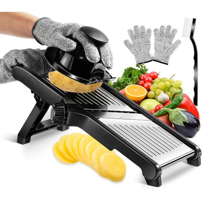 Stainless Steel Mandoline Slicer with 5 Interchangeable Blades and Safety Holder,Adjustable Vegetable & Fruit Cutter for Kitchen