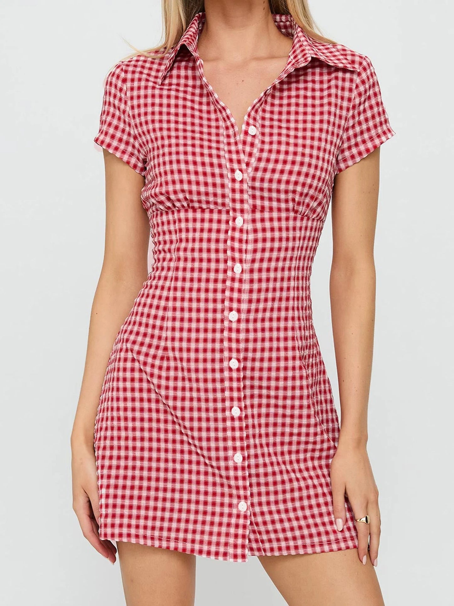 Women Plaid Shirt Dress  Fit Collared Short Sleeve Button-up A-line Mini Dress Casual Summer Streetwear with Belt
