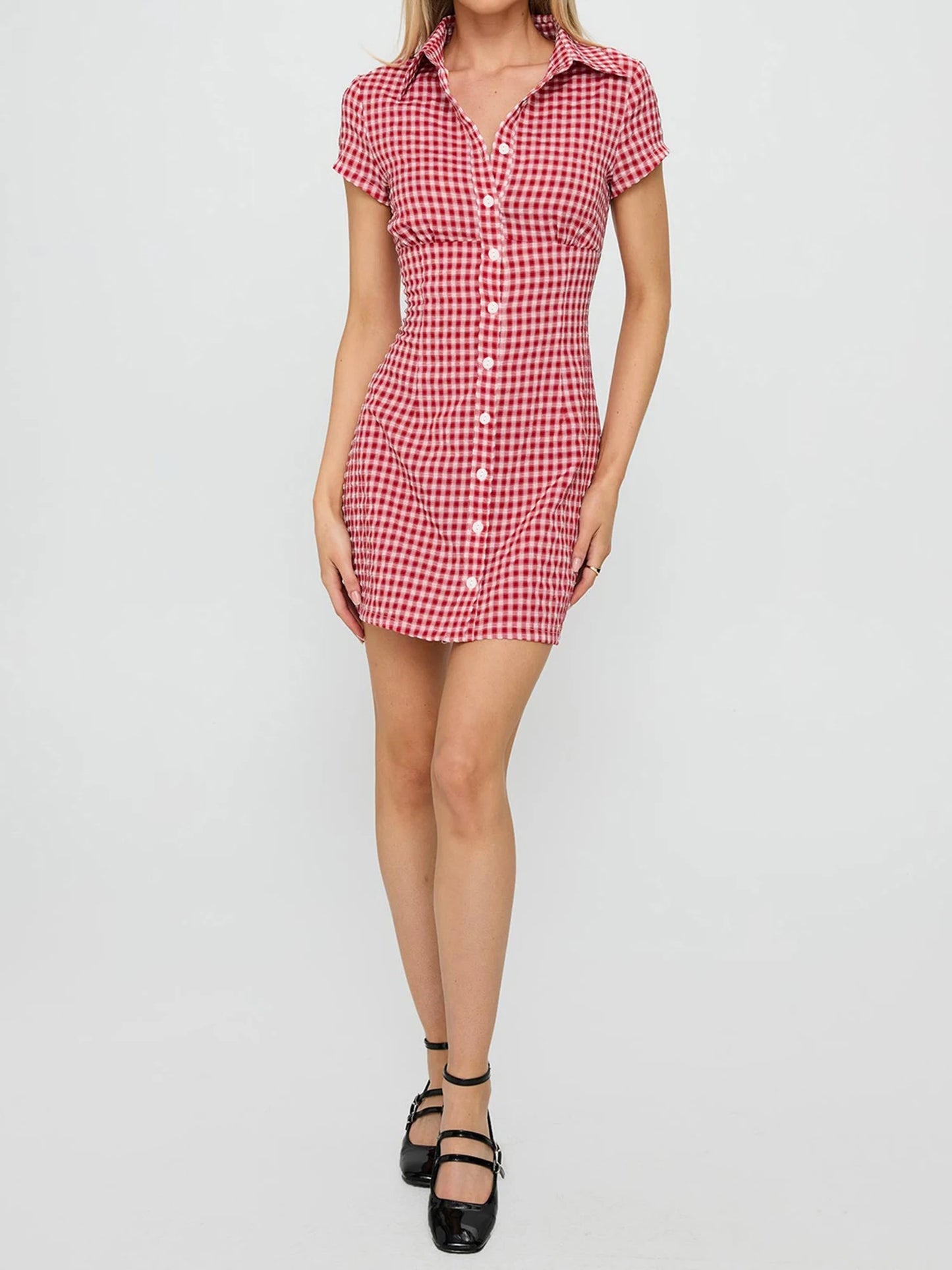 Women Plaid Shirt Dress  Fit Collared Short Sleeve Button-up A-line Mini Dress Casual Summer Streetwear with Belt