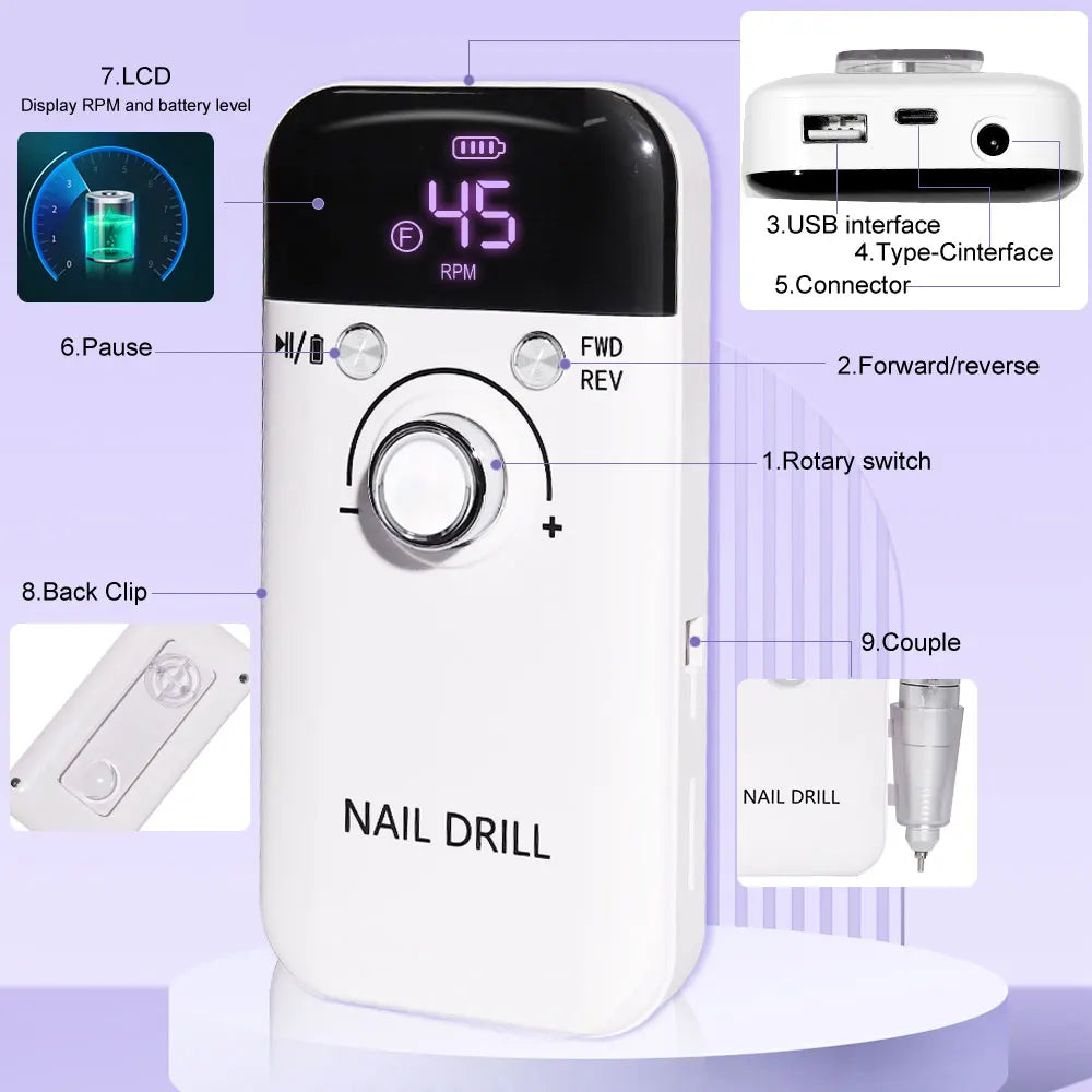 45000RPM Electric Nail Drill Polisher Rechargeable Portable Electric Nail File Machine Kit for Home Acrylic Gel Nails Polishing