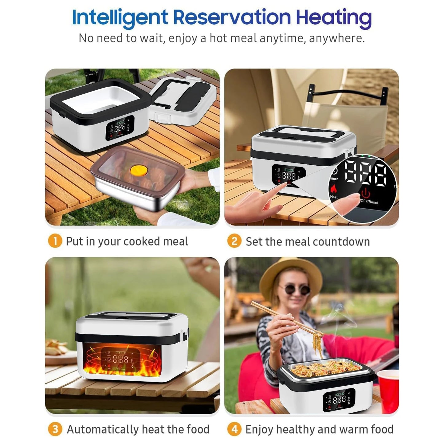 8000mAh Rechargeable Timer Automatic Heating Lunch Box, 1L Portable Food Warmer with Fork and Spoon and Insulated Carrying Bag