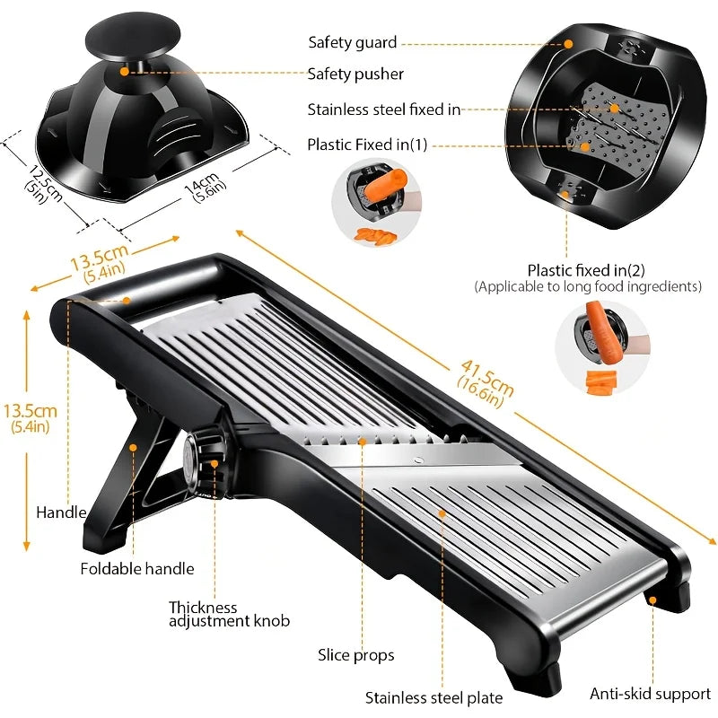 Stainless Steel Mandoline Slicer with 5 Interchangeable Blades and Safety Holder,Adjustable Vegetable & Fruit Cutter for Kitchen