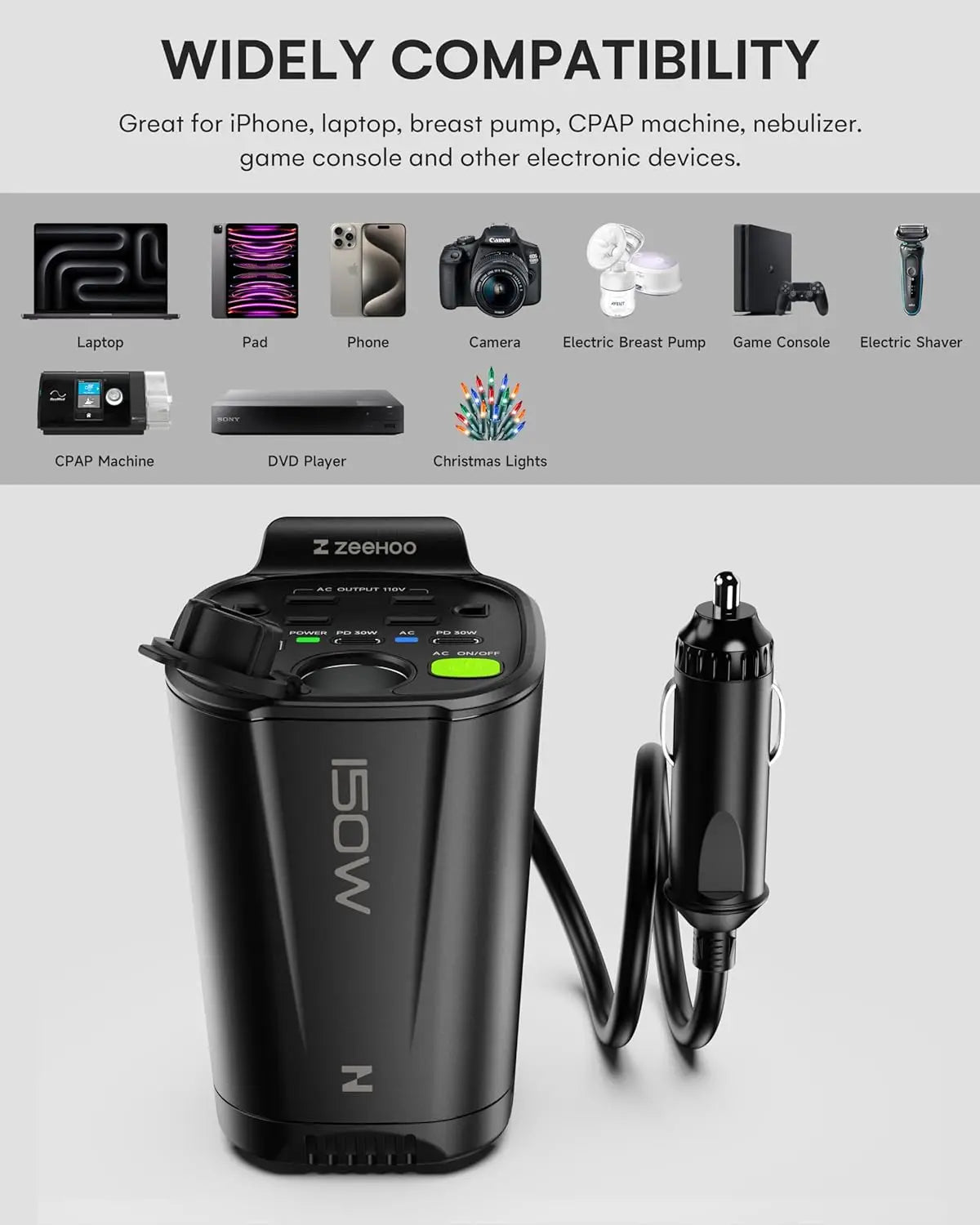 High-concerned Chemical Inverter 150W Car 12V To 110V AC 2 AC Outlets USB PD