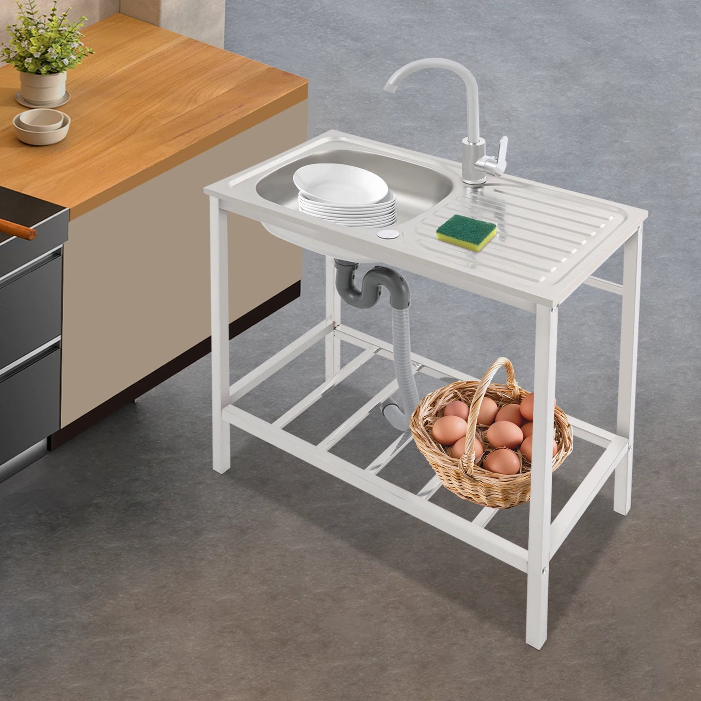 29.5*15.7*29.5in Kitchen Single Bowl Sink Free Standing Sink with Operation Countertop and Bottom Shelf 360° Adjustable Faucet