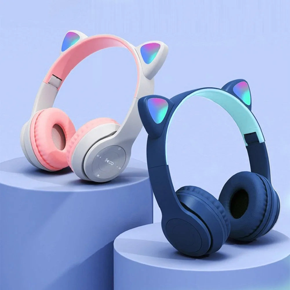 Wireless Headphones Cat Ear Bluetooth-Compatible Helmets Glow Light Over-Ear Headsets Cute Sports Headphones for Kids and Adult