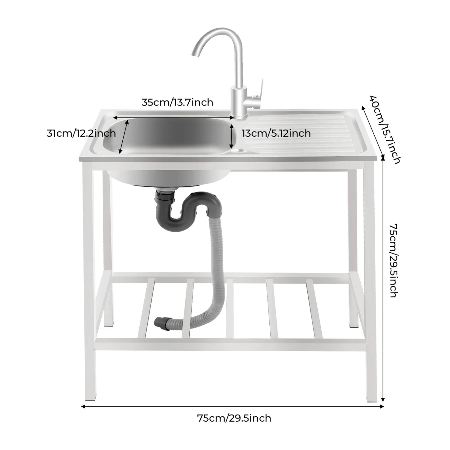 29.5*15.7*29.5in Kitchen Single Bowl Sink Free Standing Sink with Operation Countertop and Bottom Shelf 360° Adjustable Faucet