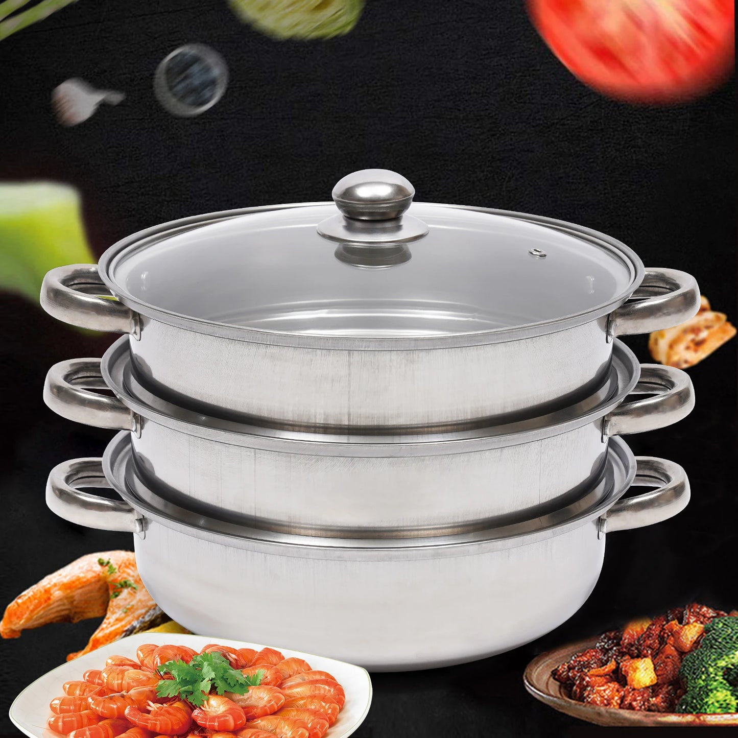 28CM Multi-Function 3 Tier Cook Food Veg Pot Large Stainless Steel Steam Cooker Steamer Kitchen