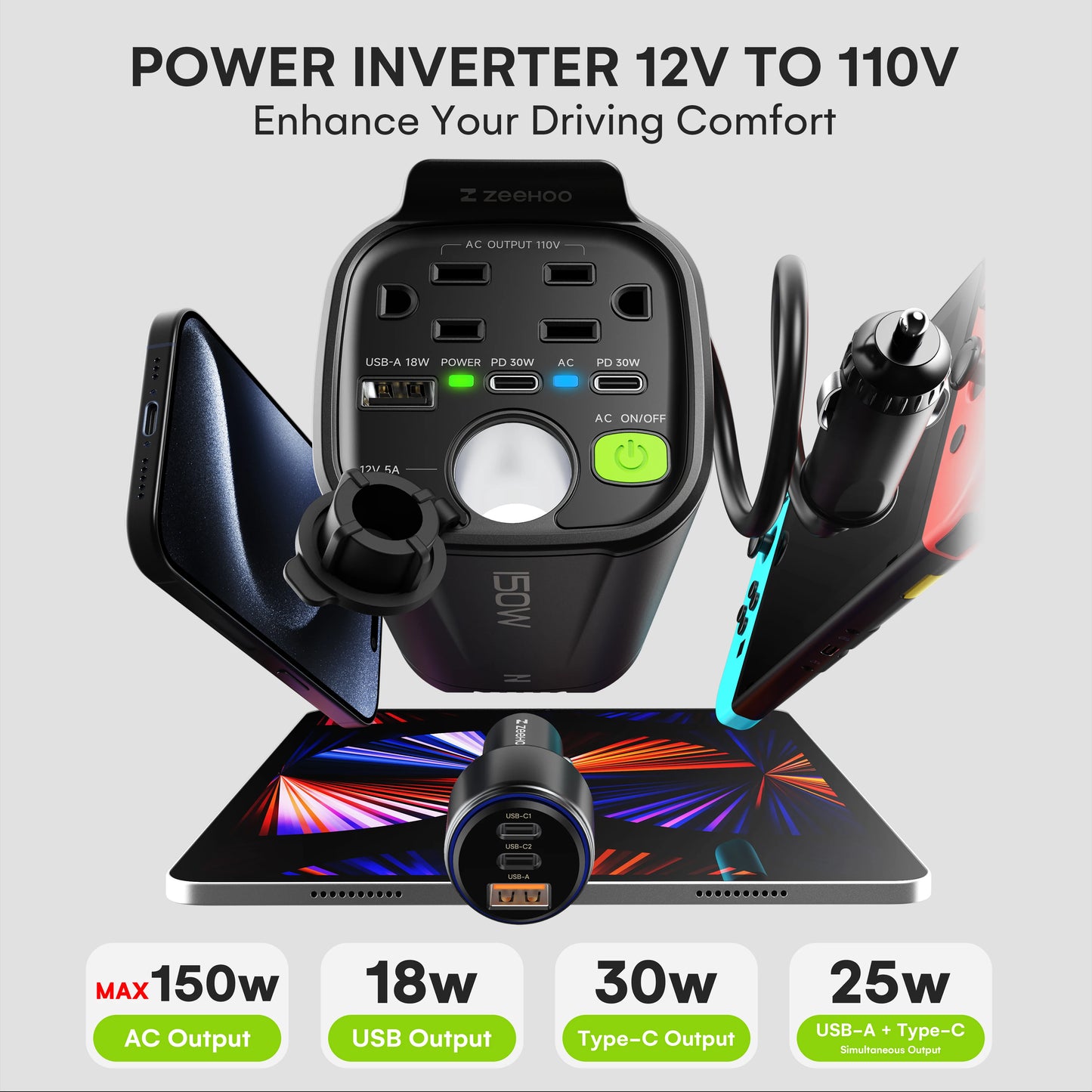 High-concerned Chemical Inverter 150W Car 12V To 110V AC 2 AC Outlets USB PD