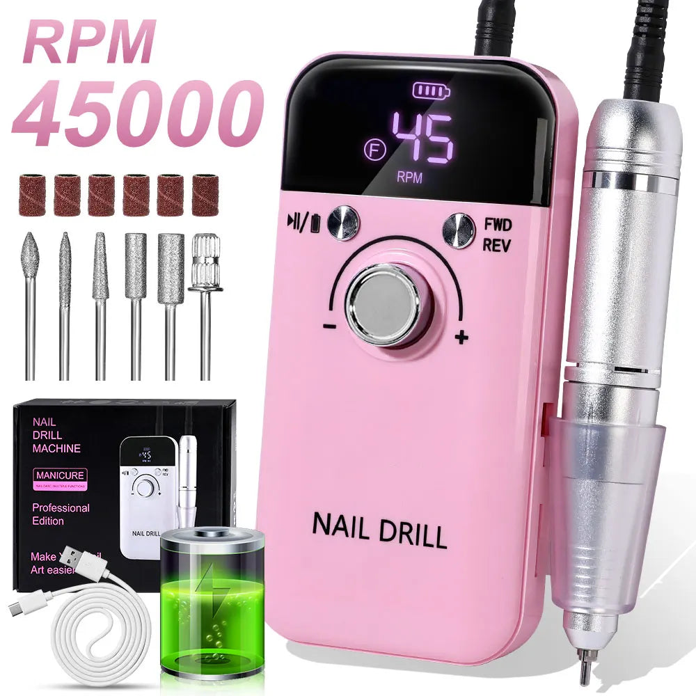 45000RPM Electric Nail Drill Polisher Rechargeable Portable Electric Nail File Machine Kit for Home Acrylic Gel Nails Polishing