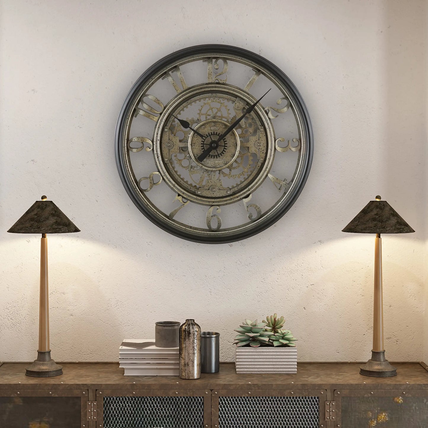 20-Inch Rustic Metal Arabic Wall Clock, Moving Gear Analog Design for Living Room & Office Decor.