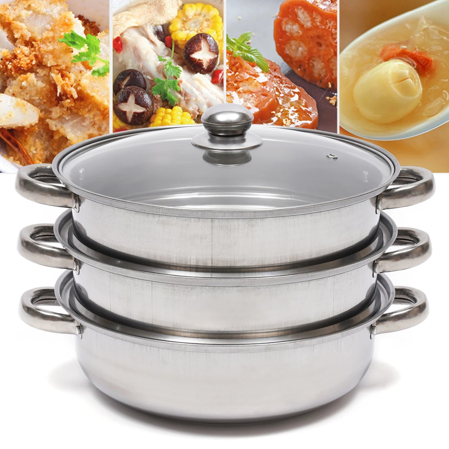 28CM Multi-Function 3 Tier Cook Food Veg Pot Large Stainless Steel Steam Cooker Steamer Kitchen