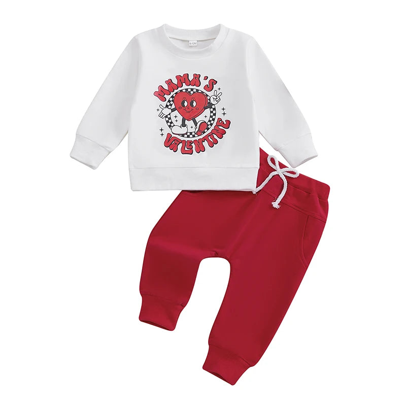 Toddler Boy Valentine’s Day 2-Piece Outfit Set Long Sleeve Sweatshirt Pocket Pants Kids Clothes for Love Day