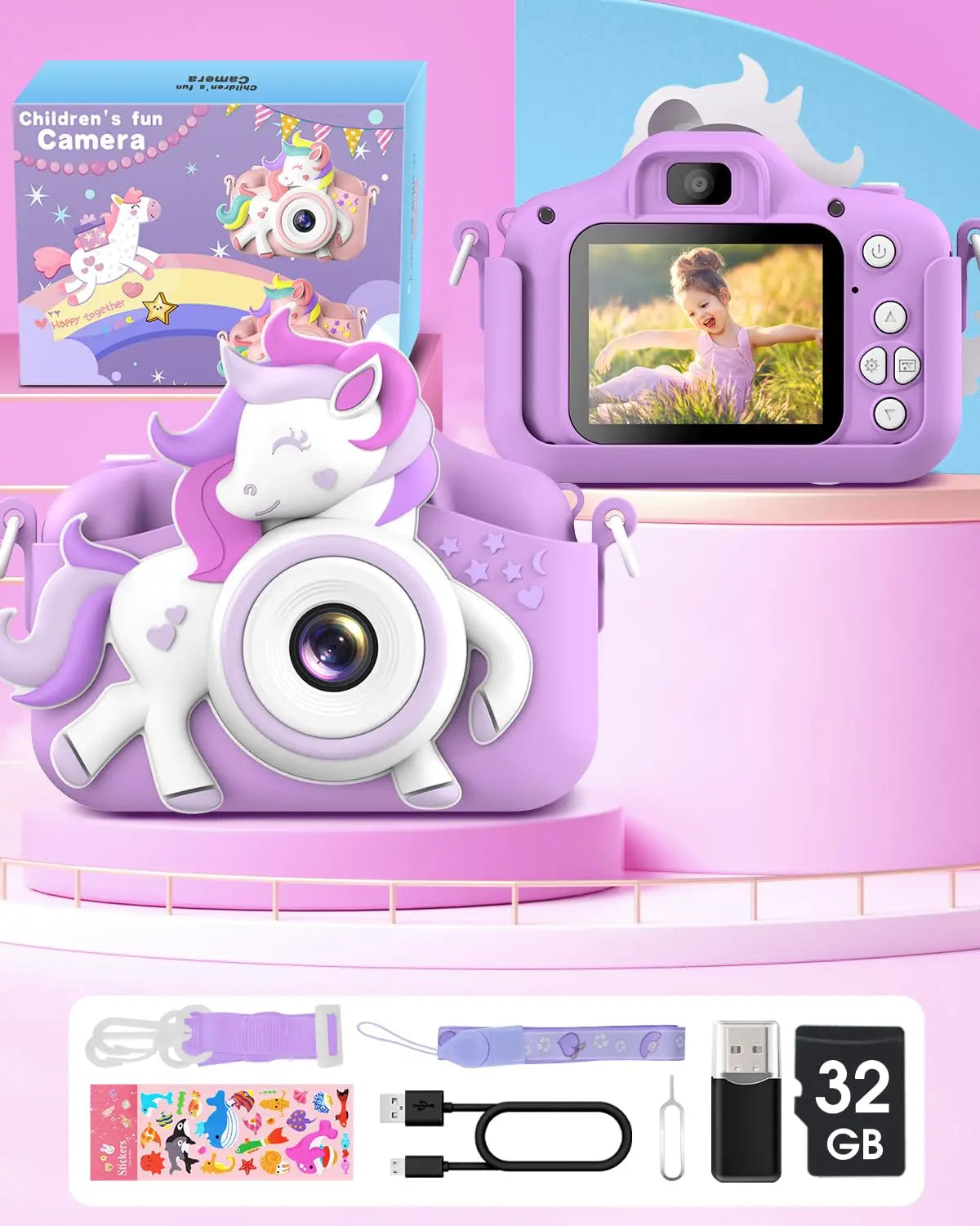 2.0" Kid's Camera 20MP 1080P HD Toddle Selfie Camera Cute Cartoon Digital Cmaera Toy With 32GB Card Gift For Girls & Boys