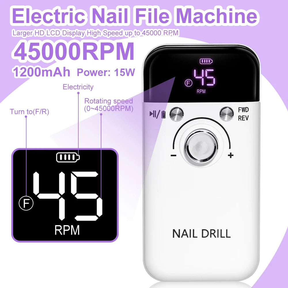 45000RPM Electric Nail Drill Polisher Rechargeable Portable Electric Nail File Machine Kit for Home Acrylic Gel Nails Polishing