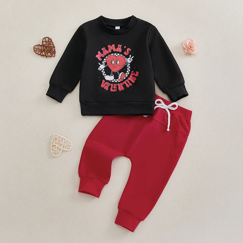 Toddler Boy Valentine’s Day 2-Piece Outfit Set Long Sleeve Sweatshirt Pocket Pants Kids Clothes for Love Day