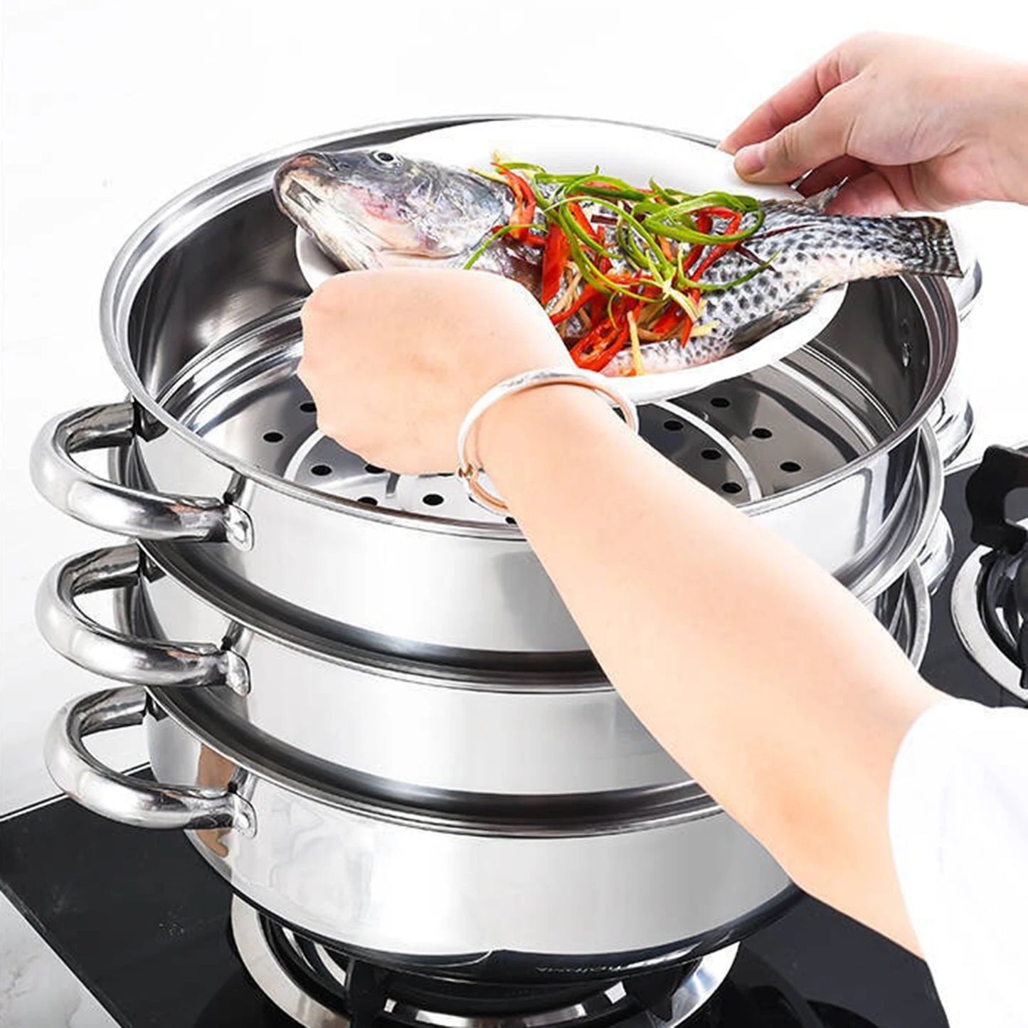 28CM Multi-Function 3 Tier Cook Food Veg Pot Large Stainless Steel Steam Cooker Steamer Kitchen