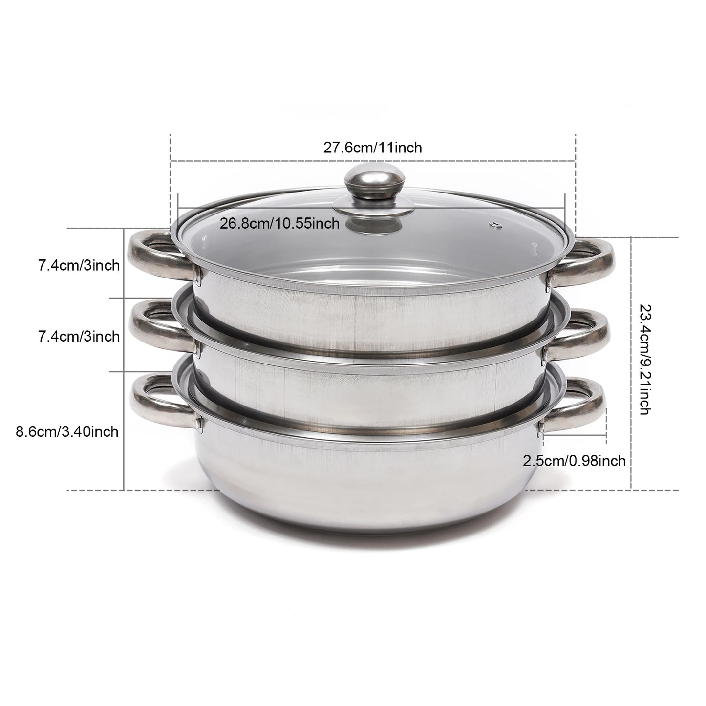 28CM Multi-Function 3 Tier Cook Food Veg Pot Large Stainless Steel Steam Cooker Steamer Kitchen