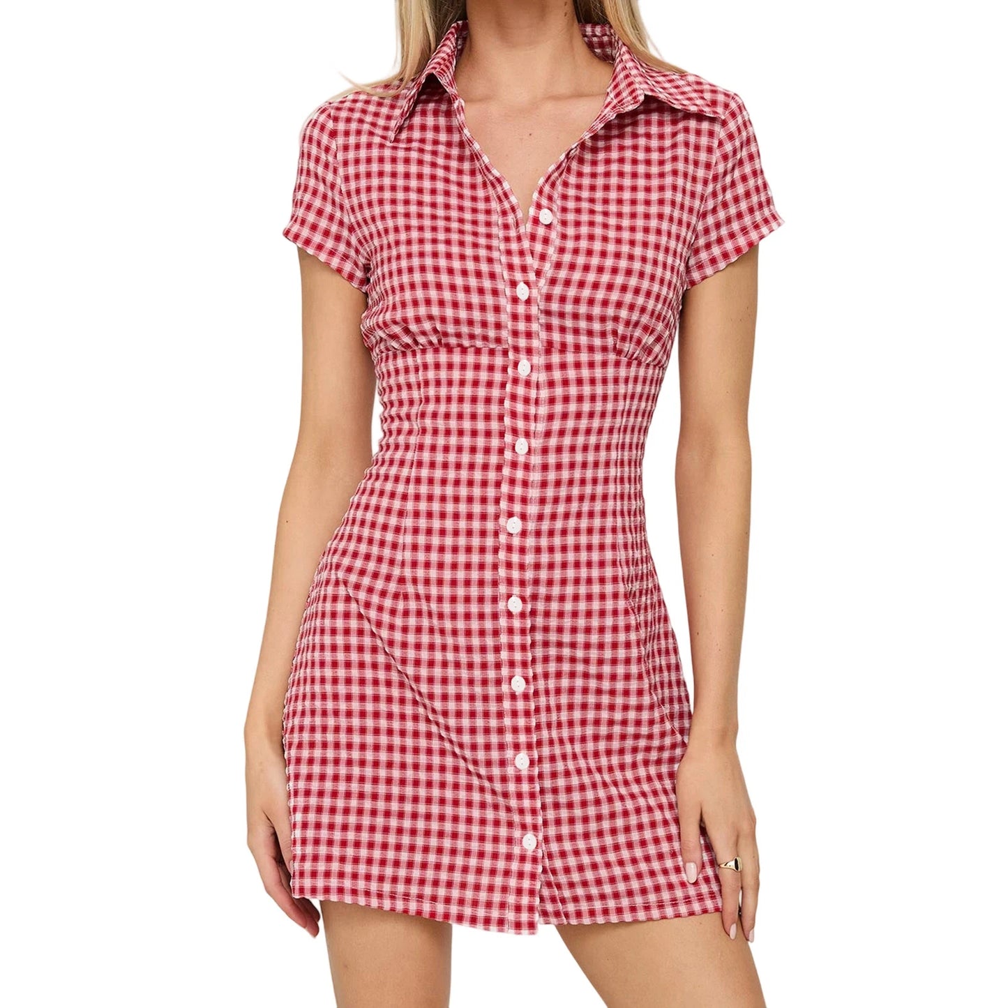 Women Plaid Shirt Dress  Fit Collared Short Sleeve Button-up A-line Mini Dress Casual Summer Streetwear with Belt