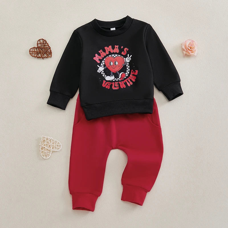 Toddler Boy Valentine’s Day 2-Piece Outfit Set Long Sleeve Sweatshirt Pocket Pants Kids Clothes for Love Day
