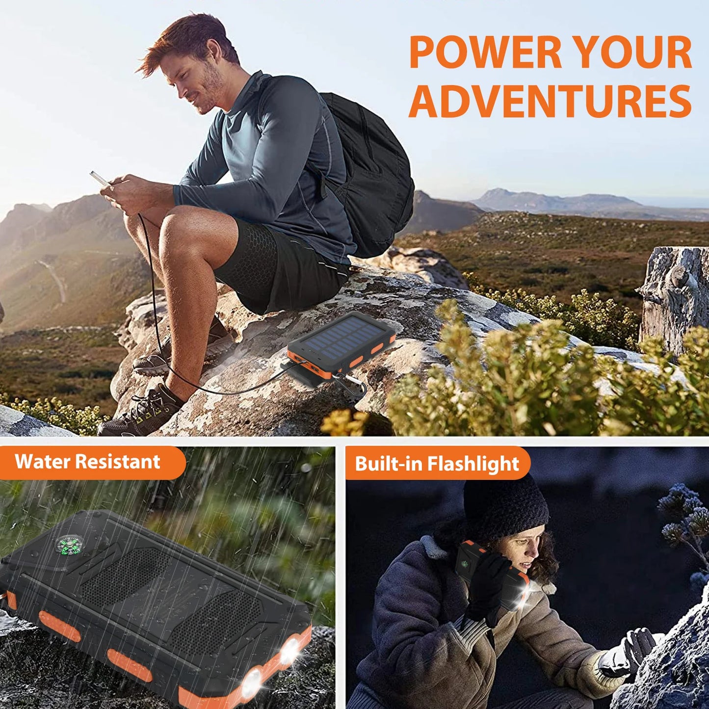 20000mAh Solar Power Bank Waterproof Portable Charger Dual USB