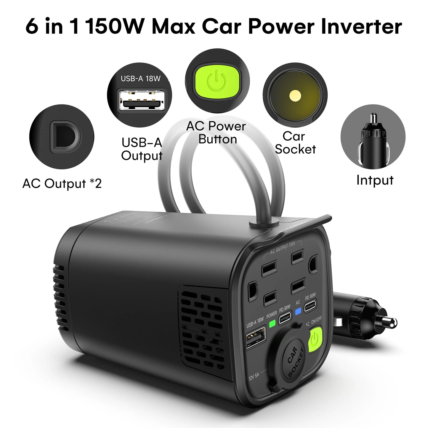High-concerned Chemical Inverter 150W Car 12V To 110V AC 2 AC Outlets USB PD