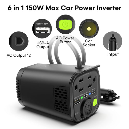 High-concerned Chemical Inverter 150W Car 12V To 110V AC 2 AC Outlets USB PD