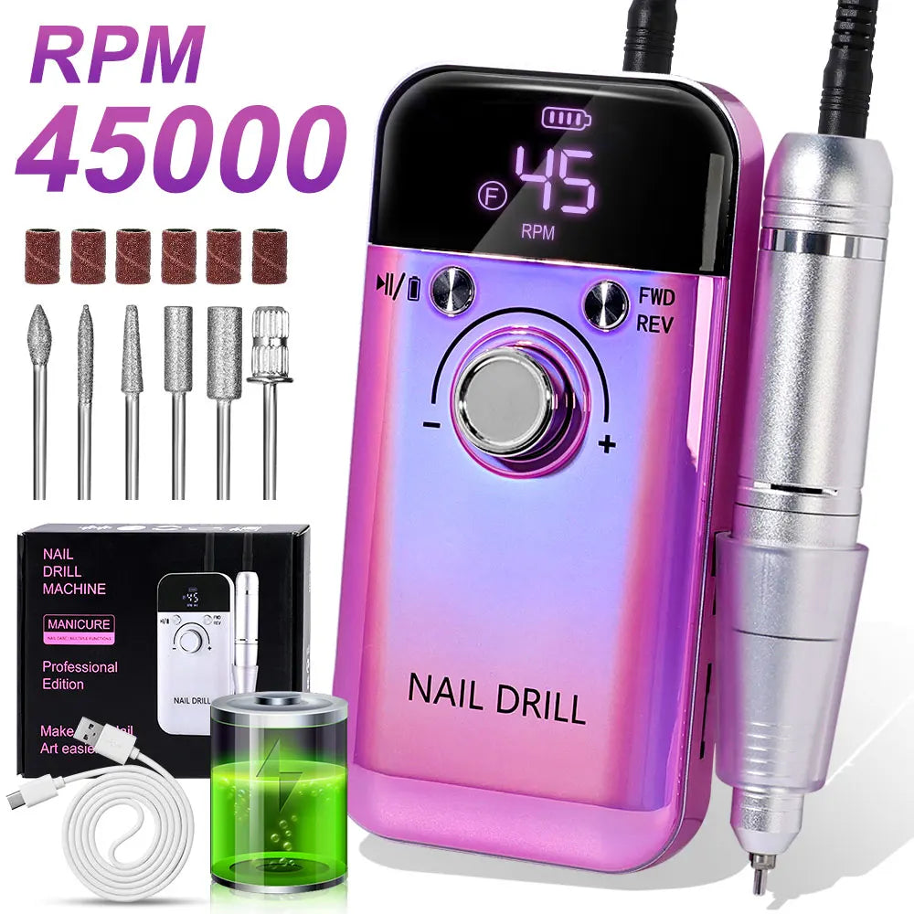 45000RPM Electric Nail Drill Polisher Rechargeable Portable Electric Nail File Machine Kit for Home Acrylic Gel Nails Polishing