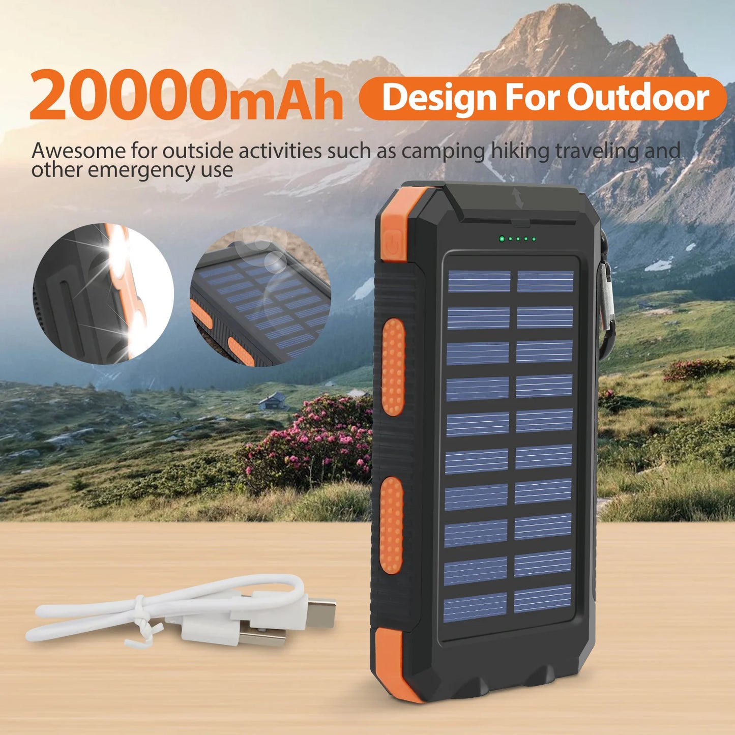 20000mAh Solar Power Bank Waterproof Portable Charger Dual USB