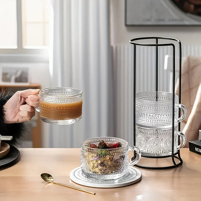 4-piece set of 15.2oz/450ml glass cups and wooden lids, vintage glass coffee cups are perfect for cappuccinos, latte, cereal